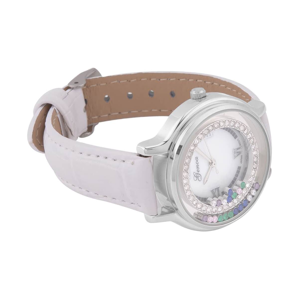 Genoa Simulated Multi Color Diamond Miyota Japanese Movement Watch with White Genuine Leather Strap (36mm) (6.0-8.0 Inches) 0.30 ctw image number 4