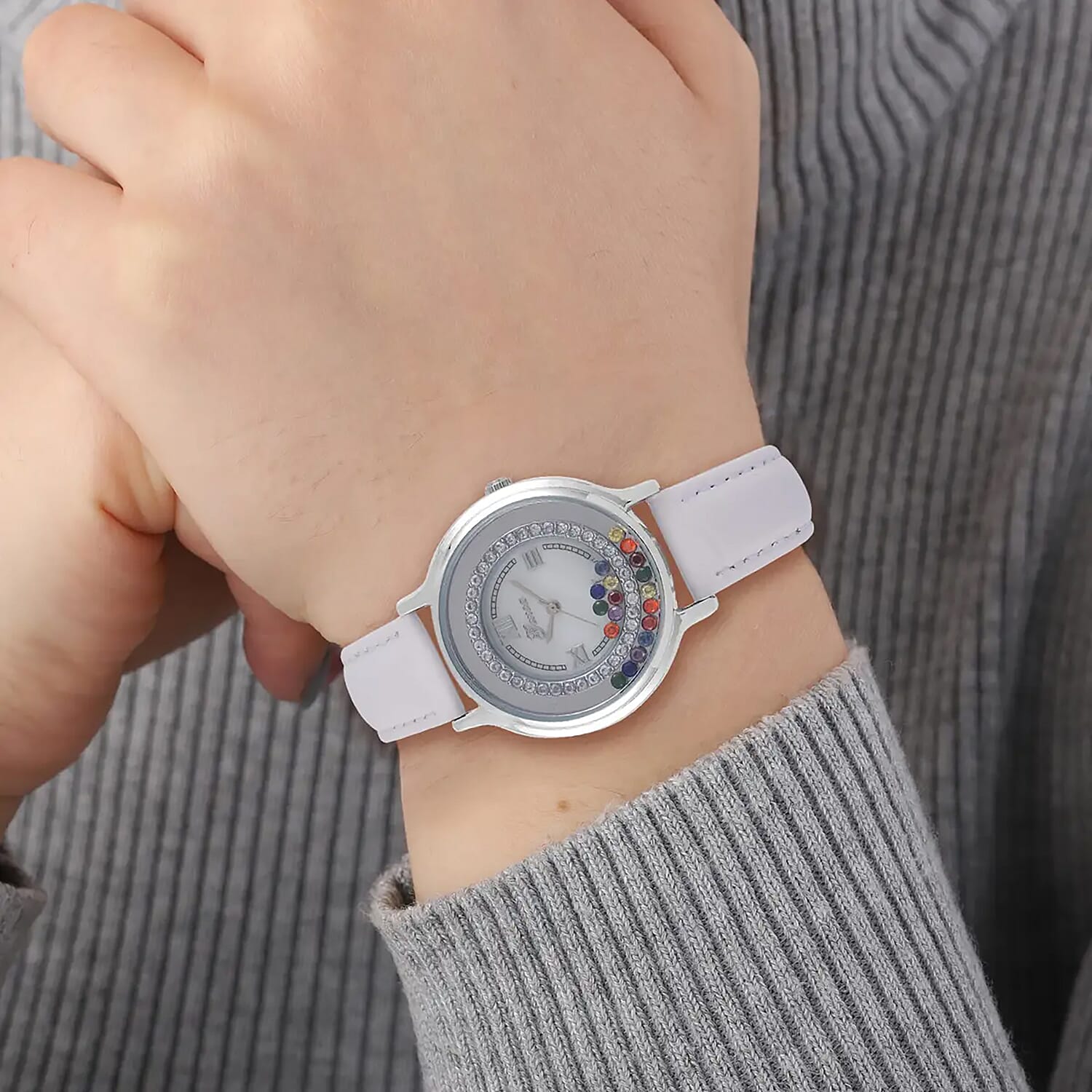 Genoa Simulated Multi Color Diamond Miyota Japanese Movement Watch with White Genuine Leather Strap (36mm) (6.0-8.0 Inches) 0.30 ctw