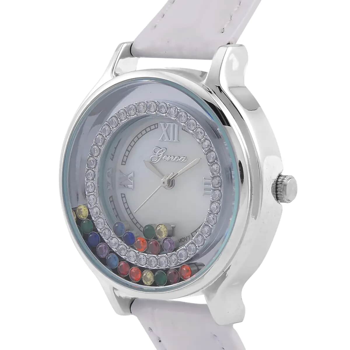 Genoa Simulated Multi Color Diamond Miyota Japanese Movement Watch with White Genuine Leather Strap (36mm) (6.0-8.0 Inches) 0.30 ctw image number 8