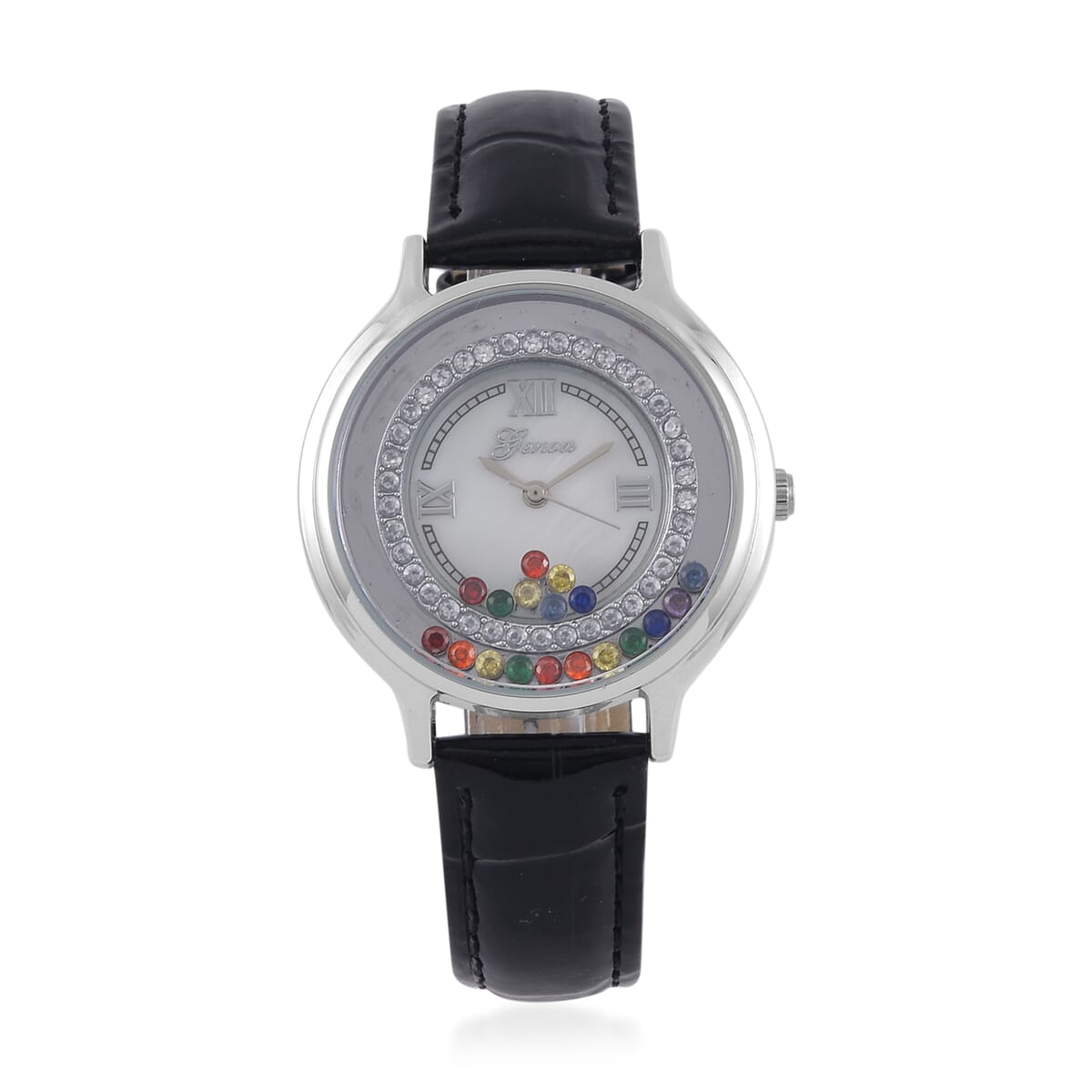 Value Buy Genoa Simulated Multi Color Diamond Miyota Japanese Movement Watch with Black Genuine Leather Strap (36mm) (6.0-8.0 Inches) 0.30 ctw image number 0