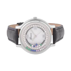Genoa Simulated Multi Color Diamond Miyota Japanese Movement Watch with Black Genuine Leather Strap (36mm) (6.0-8.0 Inches) 0.30 ctw