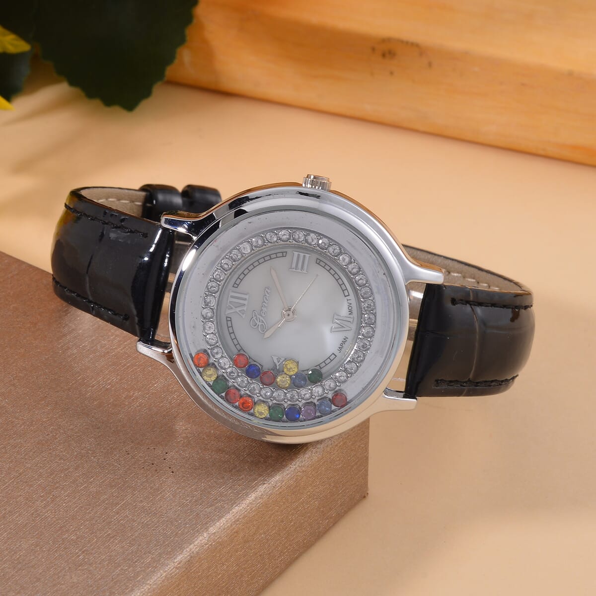 Value Buy Genoa Simulated Multi Color Diamond Miyota Japanese Movement Watch with Black Genuine Leather Strap (36mm) (6.0-8.0 Inches) 0.30 ctw image number 1