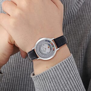 Genoa Simulated Multi Color Diamond Miyota Japanese Movement Watch with Black Genuine Leather Strap (36mm) (6.0-8.0 Inches) 0.30 ctw