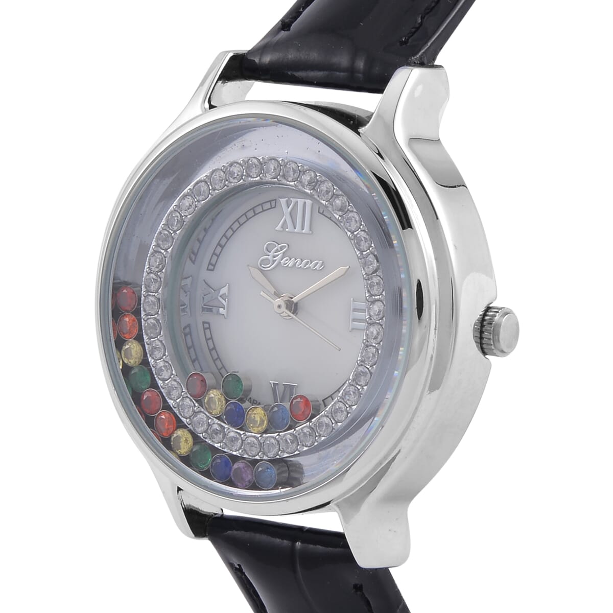 Genoa Simulated Multi Color Diamond Miyota Japanese Movement Watch with Black Genuine Leather Strap (36mm) (6.0-8.0 Inches) 0.30 ctw image number 3