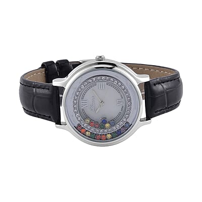 Genoa Simulated Multi Color Diamond Miyota Japanese Movement Watch with Black Genuine Leather Strap (36mm) (6.0-8.0 Inches) 0.30 ctw