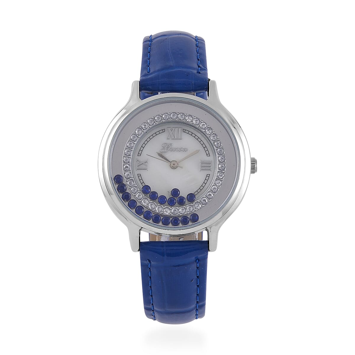Genoa Simulated Blue and White Diamond Miyota Japanese Movement Watch with Blue Genuine Leather Strap (36mm) (6.0-8.0 Inches) 0.30 ctw image number 0