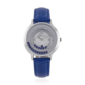 Genoa Simulated Blue and White Diamond Miyota Japanese Movement Watch with Blue Genuine Leather Strap (36mm) (6.0-8.0 Inches) 0.30 ctw