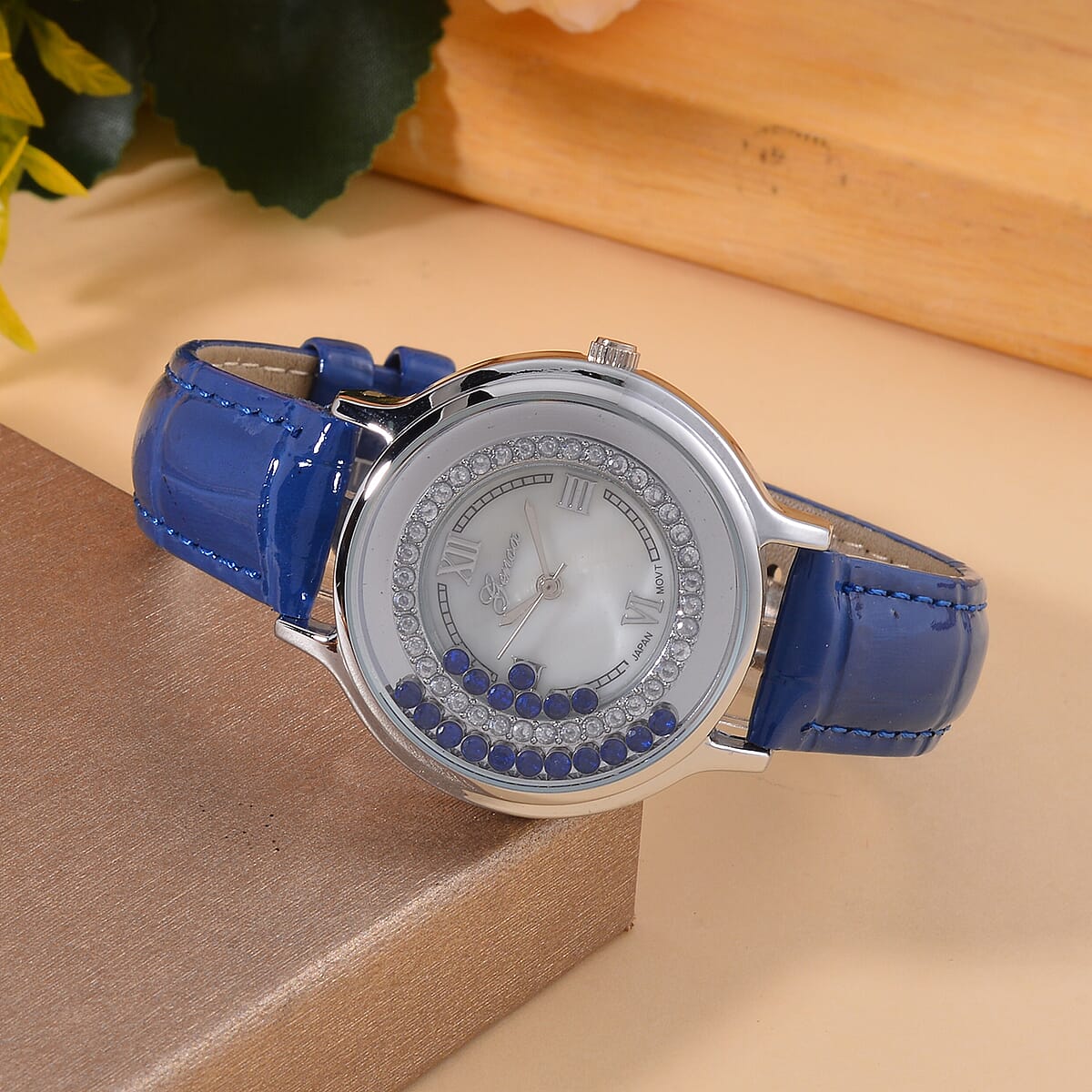 Genoa Simulated Blue and White Diamond Miyota Japanese Movement Watch with Blue Genuine Leather Strap (36mm) (6.0-8.0 Inches) 0.30 ctw image number 1