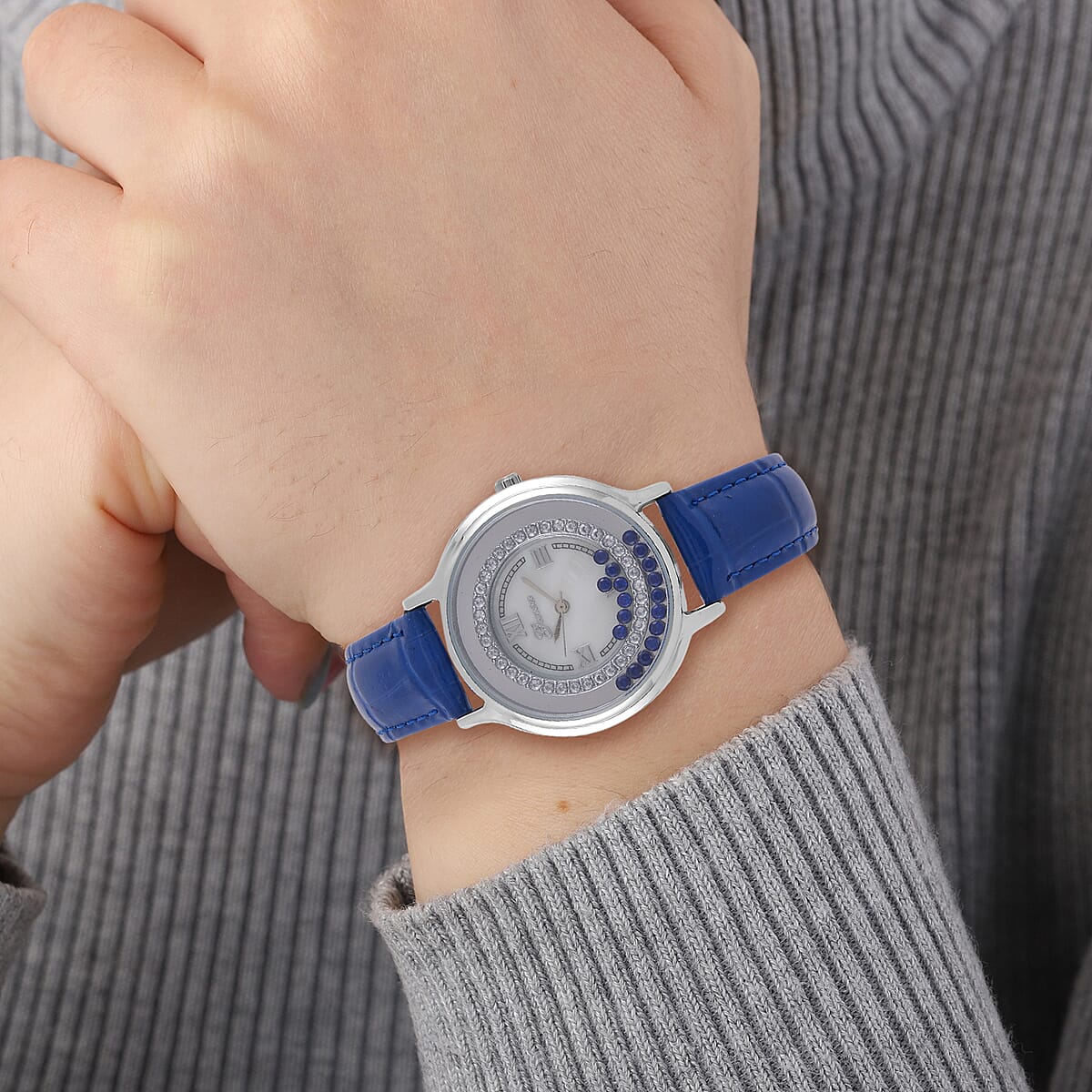 Genoa Simulated Blue and White Diamond Miyota Japanese Movement Watch with Blue Genuine Leather Strap (36mm) (6.0-8.0 Inches) 0.30 ctw image number 2