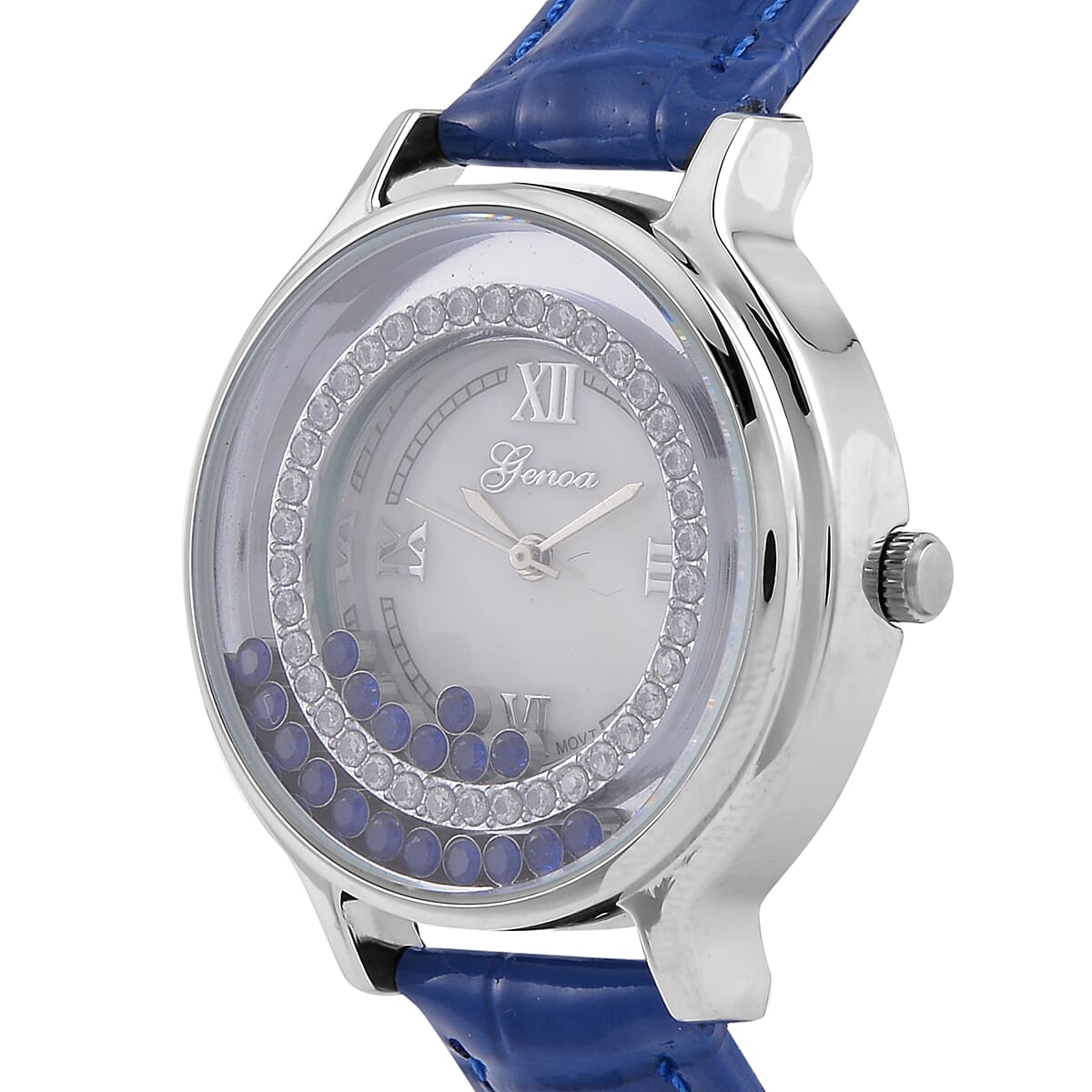 Genoa Simulated Blue and White Diamond Miyota Japanese Movement Watch with Blue Genuine Leather Strap (36mm) (6.0-8.0 Inches) 0.30 ctw image number 3