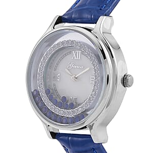 Genoa Simulated Blue and White Diamond Miyota Japanese Movement Watch with Blue Genuine Leather Strap (36mm) (6.0-8.0 Inches) 0.30 ctw