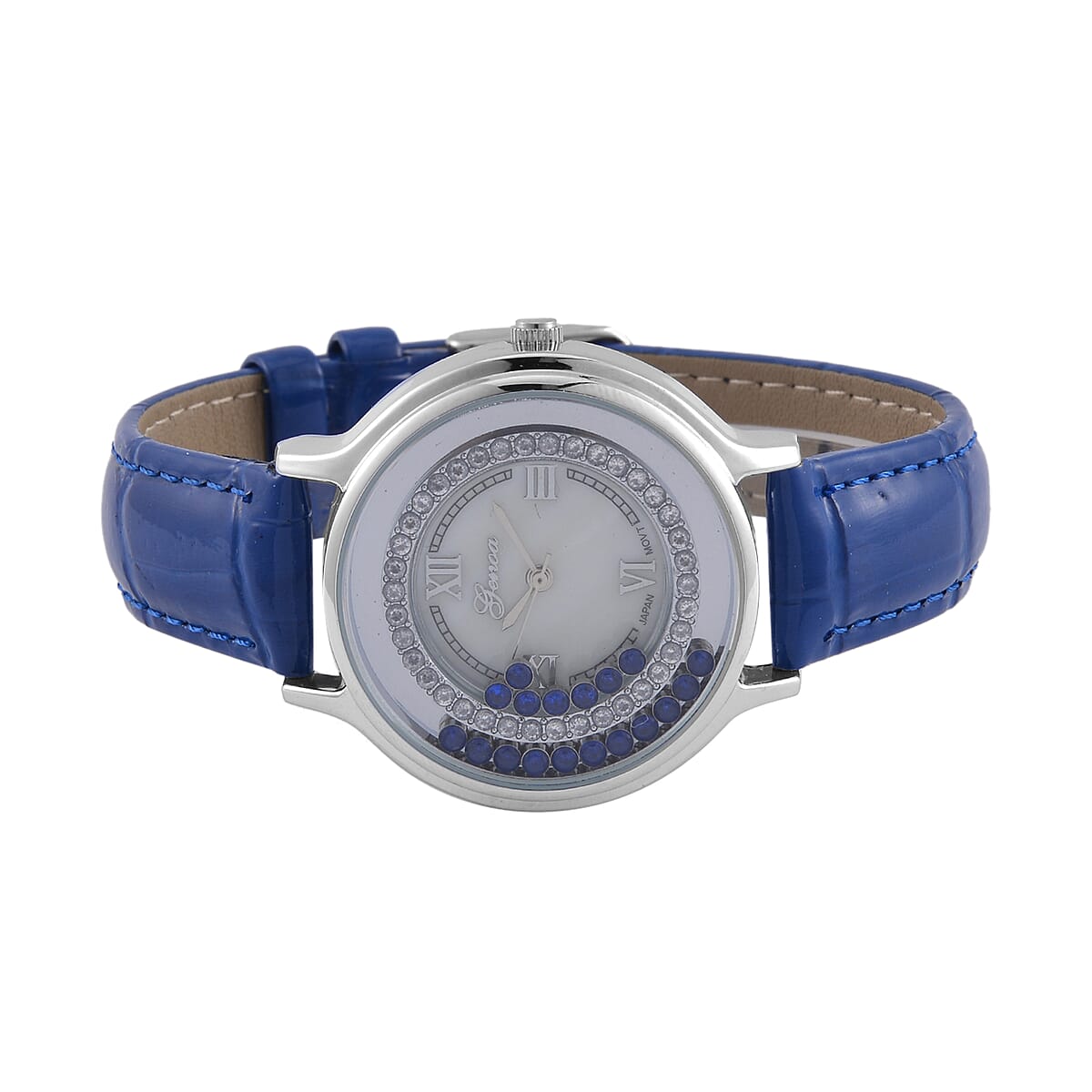 Genoa Simulated Blue and White Diamond Miyota Japanese Movement Watch with Blue Genuine Leather Strap (36mm) (6.0-8.0 Inches) 0.30 ctw image number 4