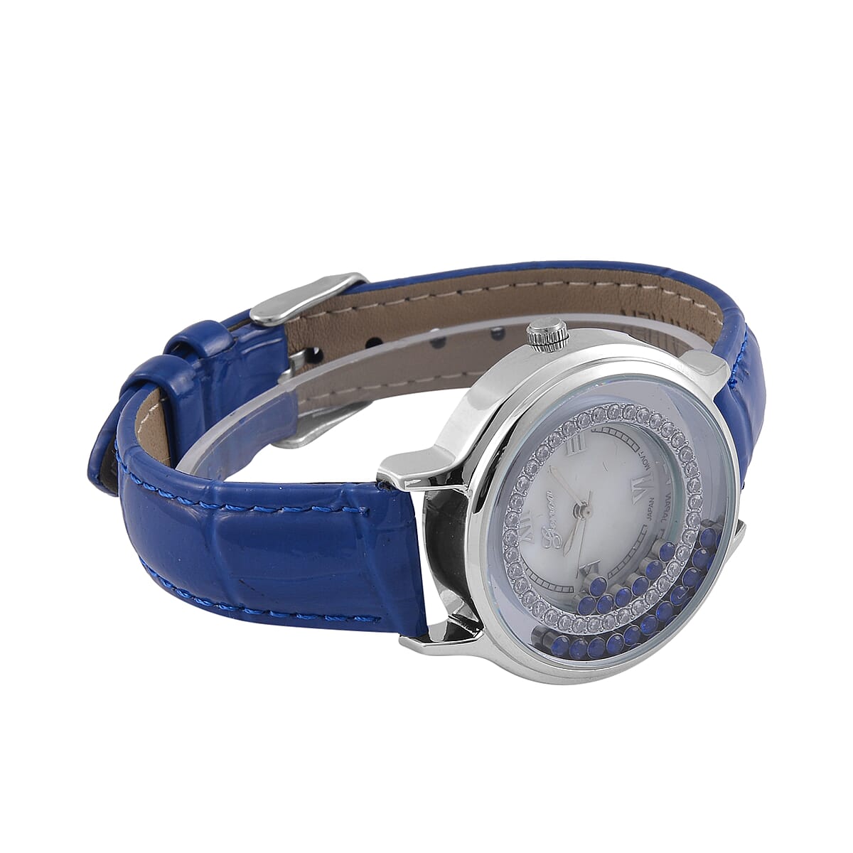 Genoa Simulated Blue and White Diamond Miyota Japanese Movement Watch with Blue Genuine Leather Strap (36mm) (6.0-8.0 Inches) 0.30 ctw image number 5