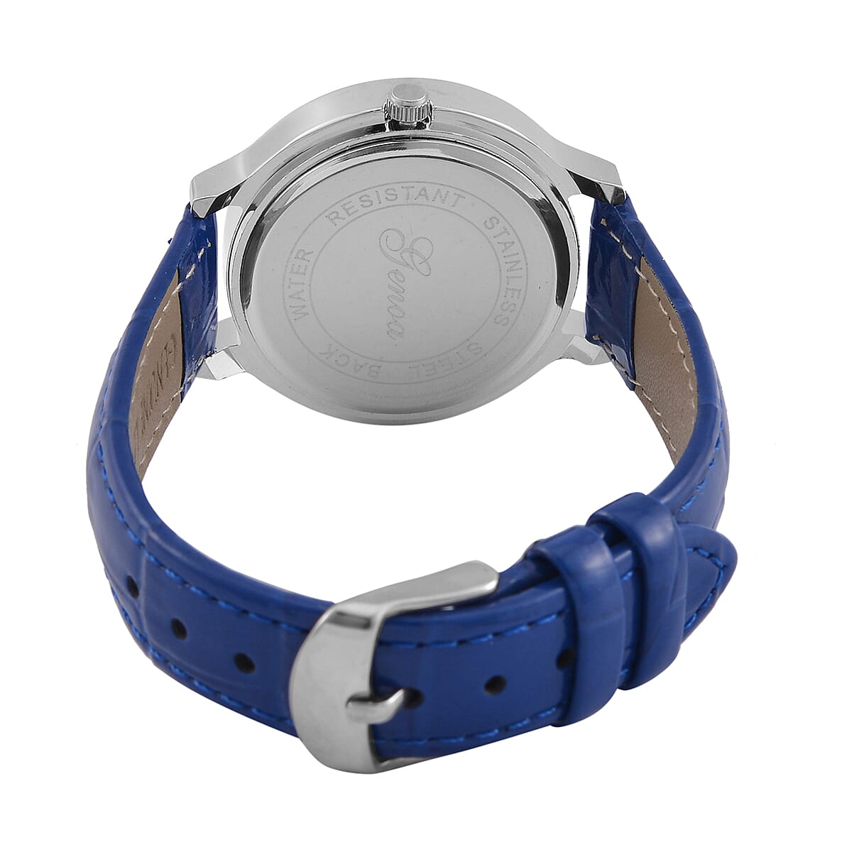 Genoa Simulated Blue and White Diamond Miyota Japanese Movement Watch with Blue Genuine Leather Strap (36mm) (6.0-8.0 Inches) 0.30 ctw image number 6