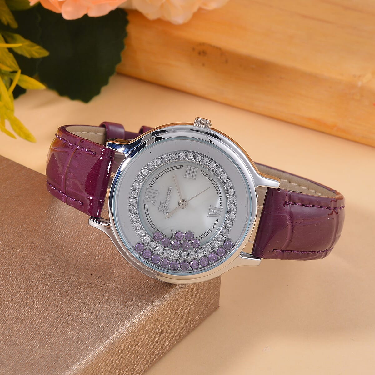 Value Buy Genoa Simulated Purple and White Diamond Miyota Japanese Movement Watch with Purple Genuine Leather Strap (36mm) (6.0-8.0 Inches) 0.30 ctw image number 1