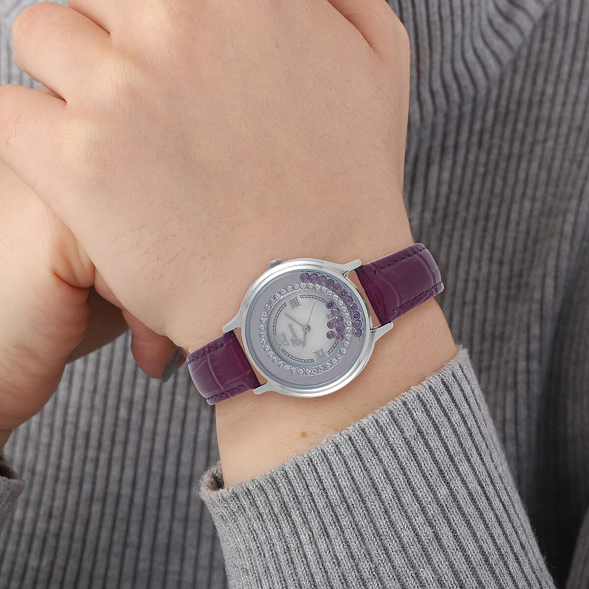 Value Buy Genoa Simulated Purple and White Diamond Miyota Japanese Movement Watch with Purple Genuine Leather Strap (36mm) (6.0-8.0 Inches) 0.30 ctw image number 2