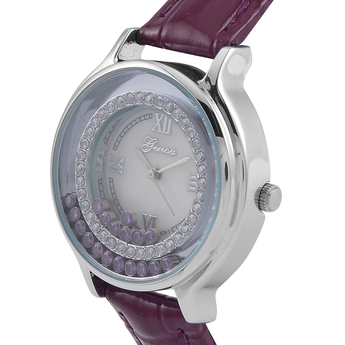 Value Buy Genoa Simulated Purple and White Diamond Miyota Japanese Movement Watch with Purple Genuine Leather Strap (36mm) (6.0-8.0 Inches) 0.30 ctw image number 3