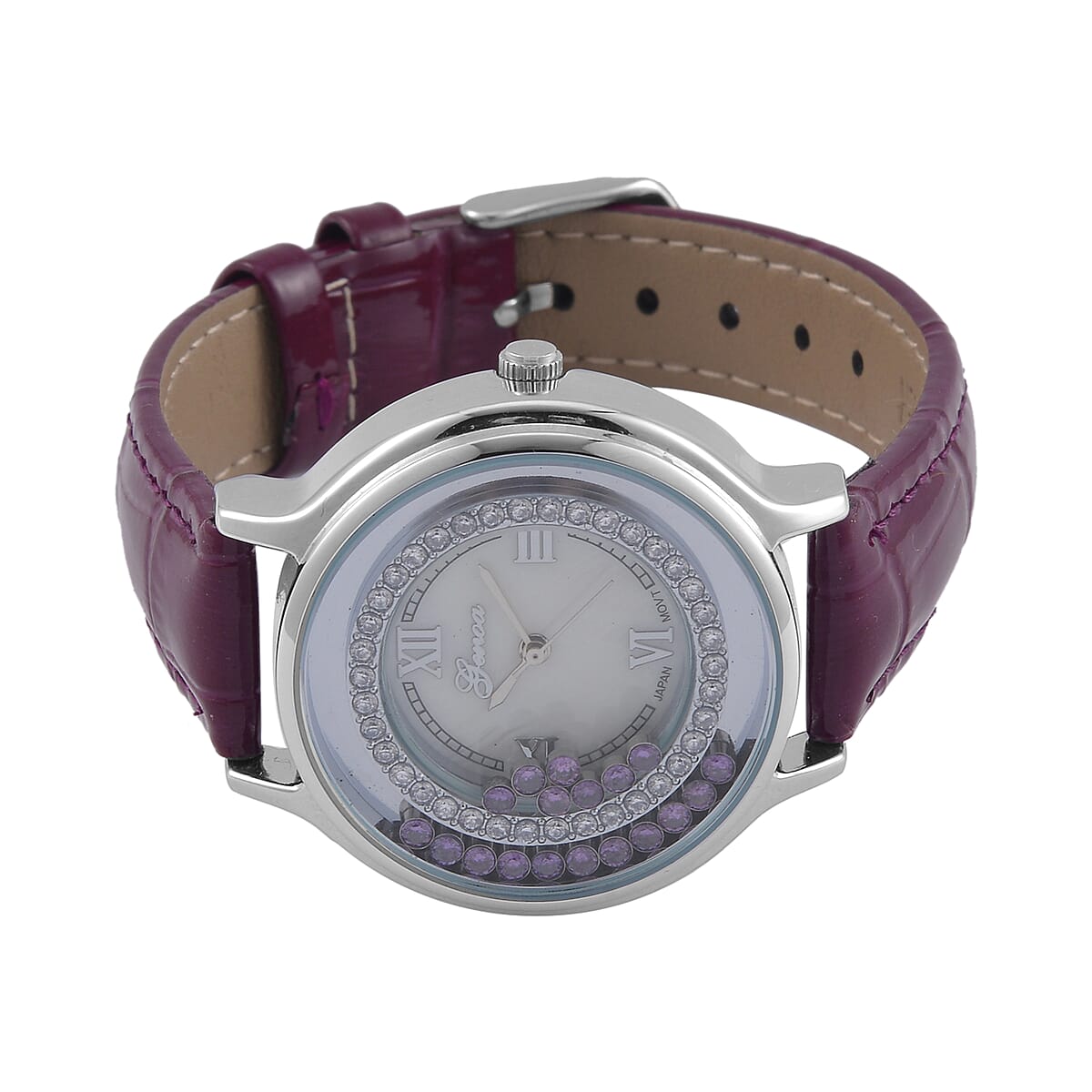 Value Buy Genoa Simulated Purple and White Diamond Miyota Japanese Movement Watch with Purple Genuine Leather Strap (36mm) (6.0-8.0 Inches) 0.30 ctw image number 4