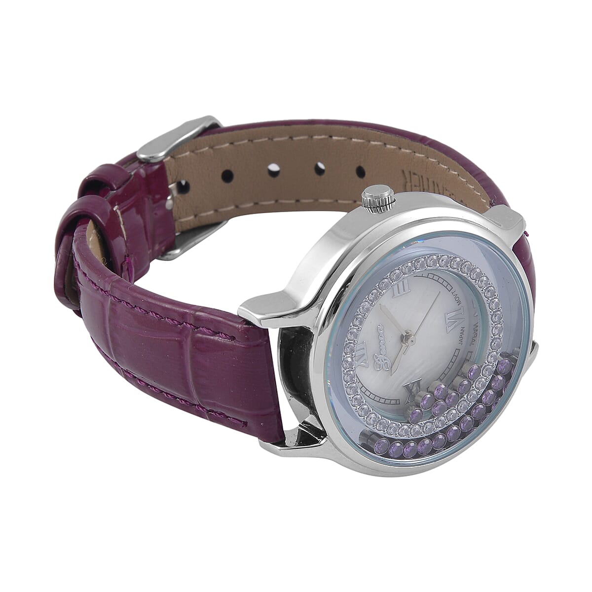 Value Buy Genoa Simulated Purple and White Diamond Miyota Japanese Movement Watch with Purple Genuine Leather Strap (36mm) (6.0-8.0 Inches) 0.30 ctw image number 5