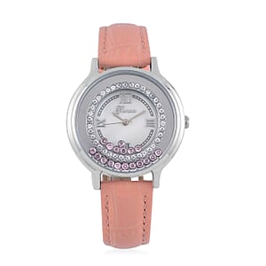 Genoa Simulated Pink and White Diamond Miyota Japanese Movement Watch with Pink Genuine Leather Strap (36mm) (6.0-8.0 Inches) 0.30 ctw