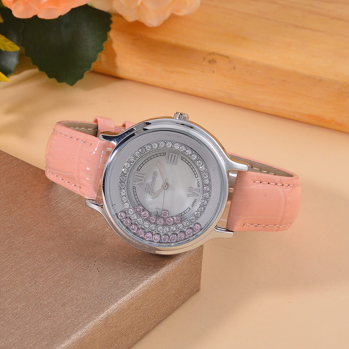 Value Buy Genoa Simulated Pink and White Diamond Miyota Japanese Movement Watch with Pink Genuine Leather Strap (36mm) (6.0-8.0 Inches) 0.30 ctw image number 1