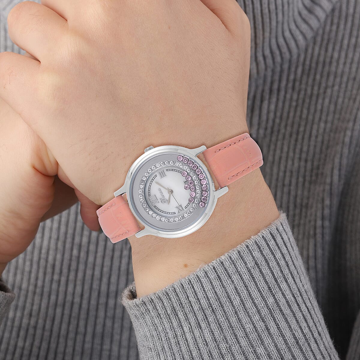 Value Buy Genoa Simulated Pink and White Diamond Miyota Japanese Movement Watch with Pink Genuine Leather Strap (36mm) (6.0-8.0 Inches) 0.30 ctw image number 2