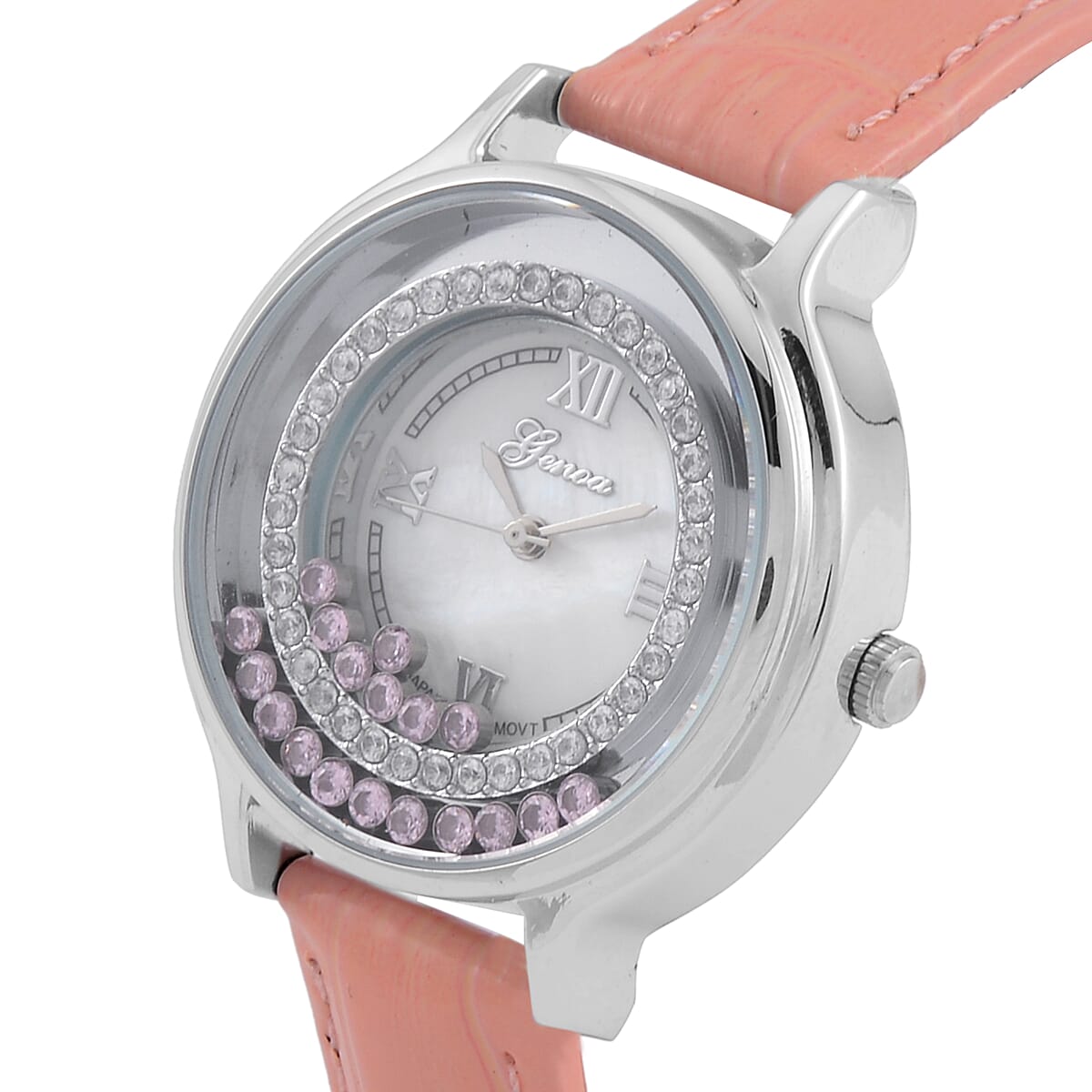 Value Buy Genoa Simulated Pink and White Diamond Miyota Japanese Movement Watch with Pink Genuine Leather Strap (36mm) (6.0-8.0 Inches) 0.30 ctw image number 3
