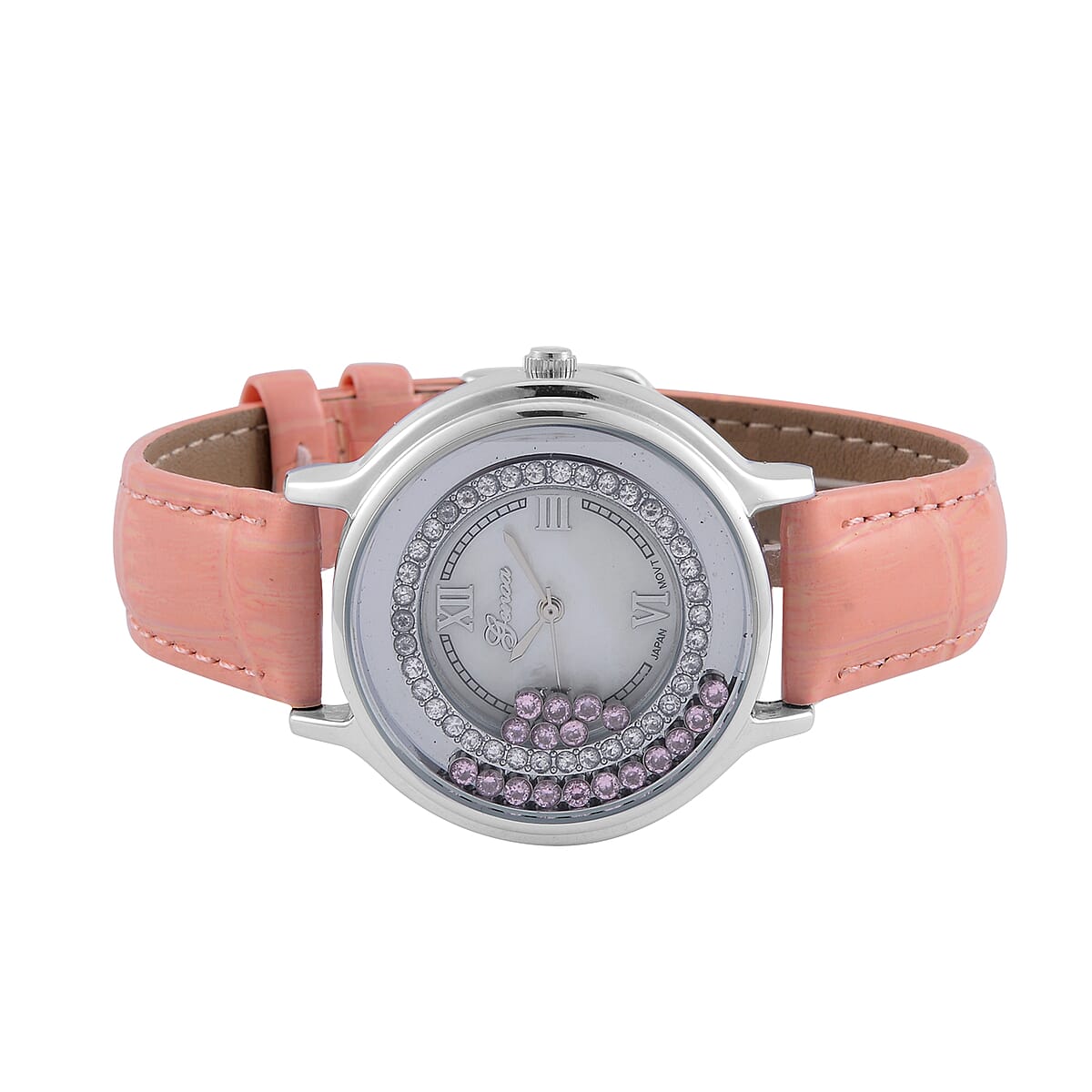 Value Buy Genoa Simulated Pink and White Diamond Miyota Japanese Movement Watch with Pink Genuine Leather Strap (36mm) (6.0-8.0 Inches) 0.30 ctw image number 4