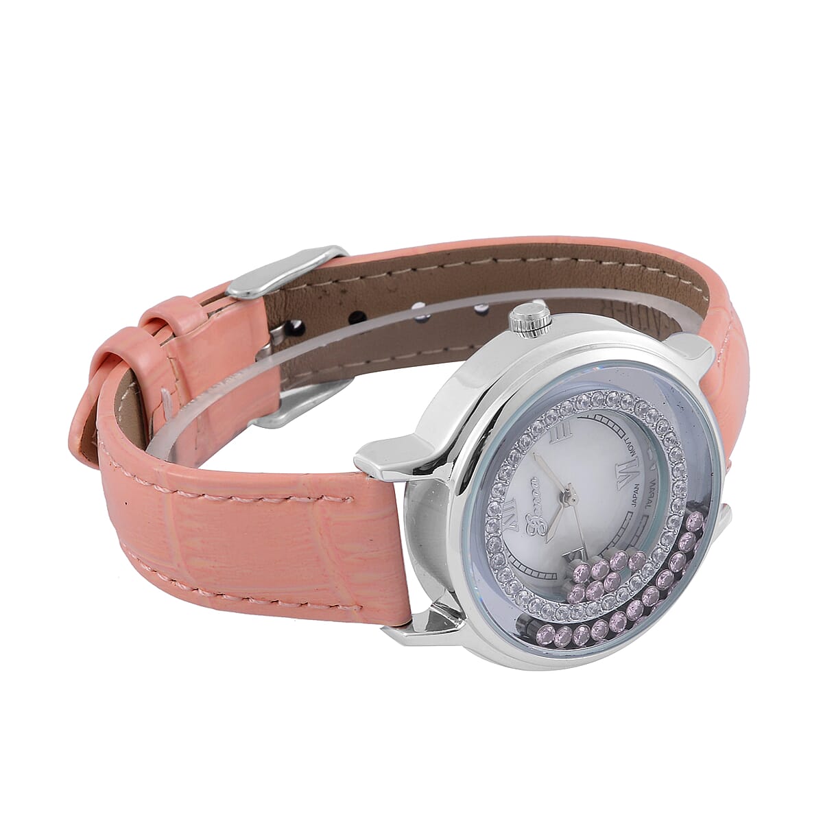 Value Buy Genoa Simulated Pink and White Diamond Miyota Japanese Movement Watch with Pink Genuine Leather Strap (36mm) (6.0-8.0 Inches) 0.30 ctw image number 5