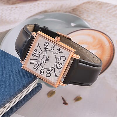 Strada Japanese Movement Watch in Rosetone with Black Faux Leather Strap (33.02mm) (7.00-8.75 Inches)