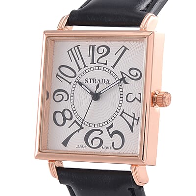 Strada Japanese Movement Watch in Rosetone with Black Faux Leather Strap (33.02mm) (7.00-8.75 Inches)