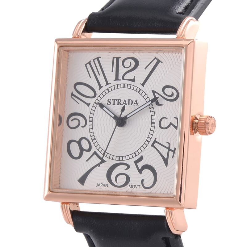 Strada Japanese Movement Watch in Rosetone with Black Faux Leather Strap (33.02mm) (7.00-8.75 Inches)