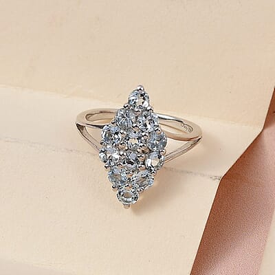 Premium Madagascar Aquamarine Elongated Ring in Platinum Over Sterling Silver (Size 10.0) 1.25 ctw