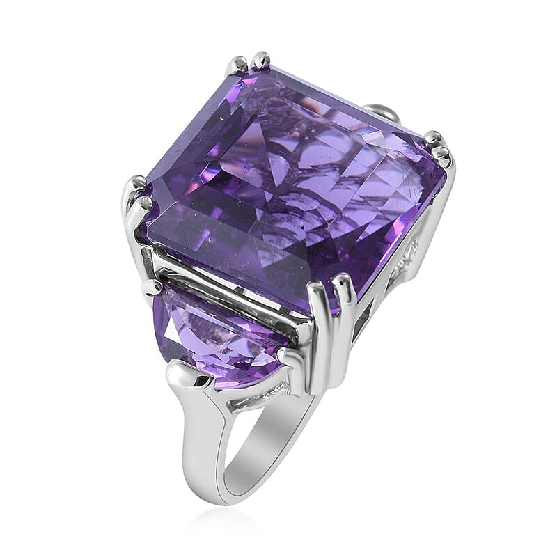 Lusaka Amethyst 3 Stone Ring in Platinum Over Sterling Silver (Size 10.0) 22.00 ctw