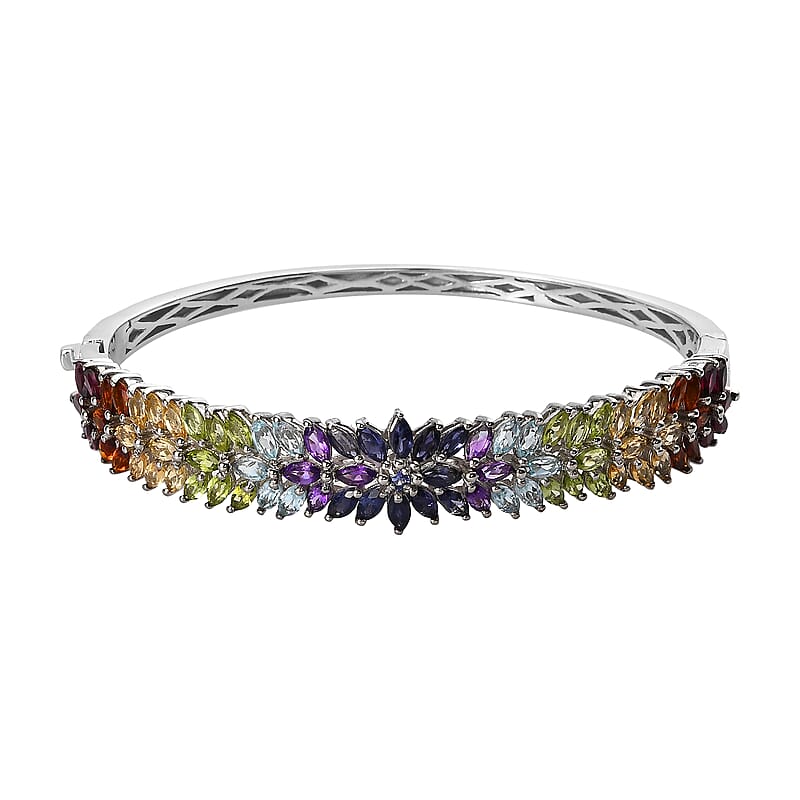 D'Joy Tanzanite and Multi Gemstone Bangle Bracelet in Platinum Over Sterling Silver (8 In)11.65 ctw