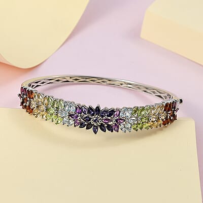 D'Joy Tanzanite and Multi Gemstone Bangle Bracelet in Platinum Over Sterling Silver (8 In)11.65 ctw
