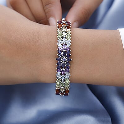 D'Joy Tanzanite and Multi Gemstone Bangle Bracelet in Platinum Over Sterling Silver (8 In)11.65 ctw