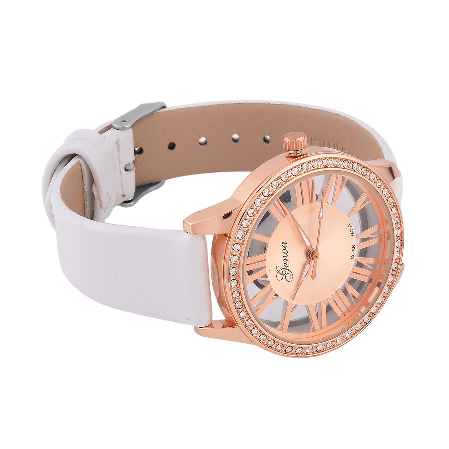 Genoa Austrian Crystal Miyota Japanese Movement Watch with White Genuine Leather Strap (7.0-8.75Inches) (39.40mm)