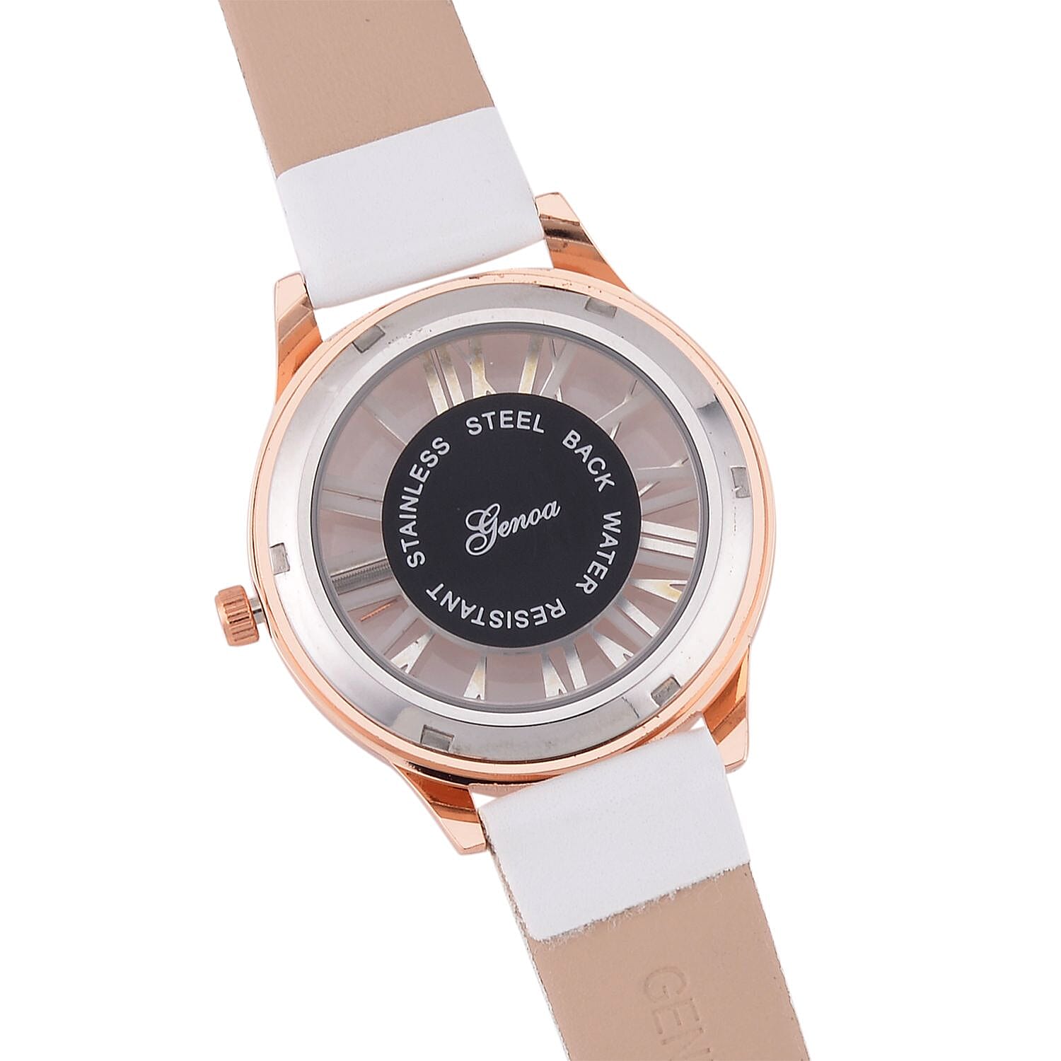 Genoa Austrian Crystal Miyota Japanese Movement Watch with White Genuine Leather Strap (7.0-8.75Inches) (39.40mm)