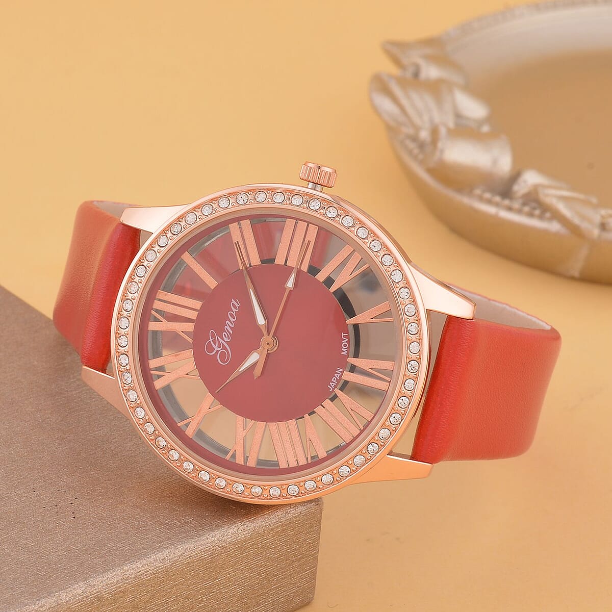 Genoa Austrian Crystal Miyota Japanese Movement Watch with Red Genuine Leather Strap (7.0-8.75Inches) (39.40mm) image number 1