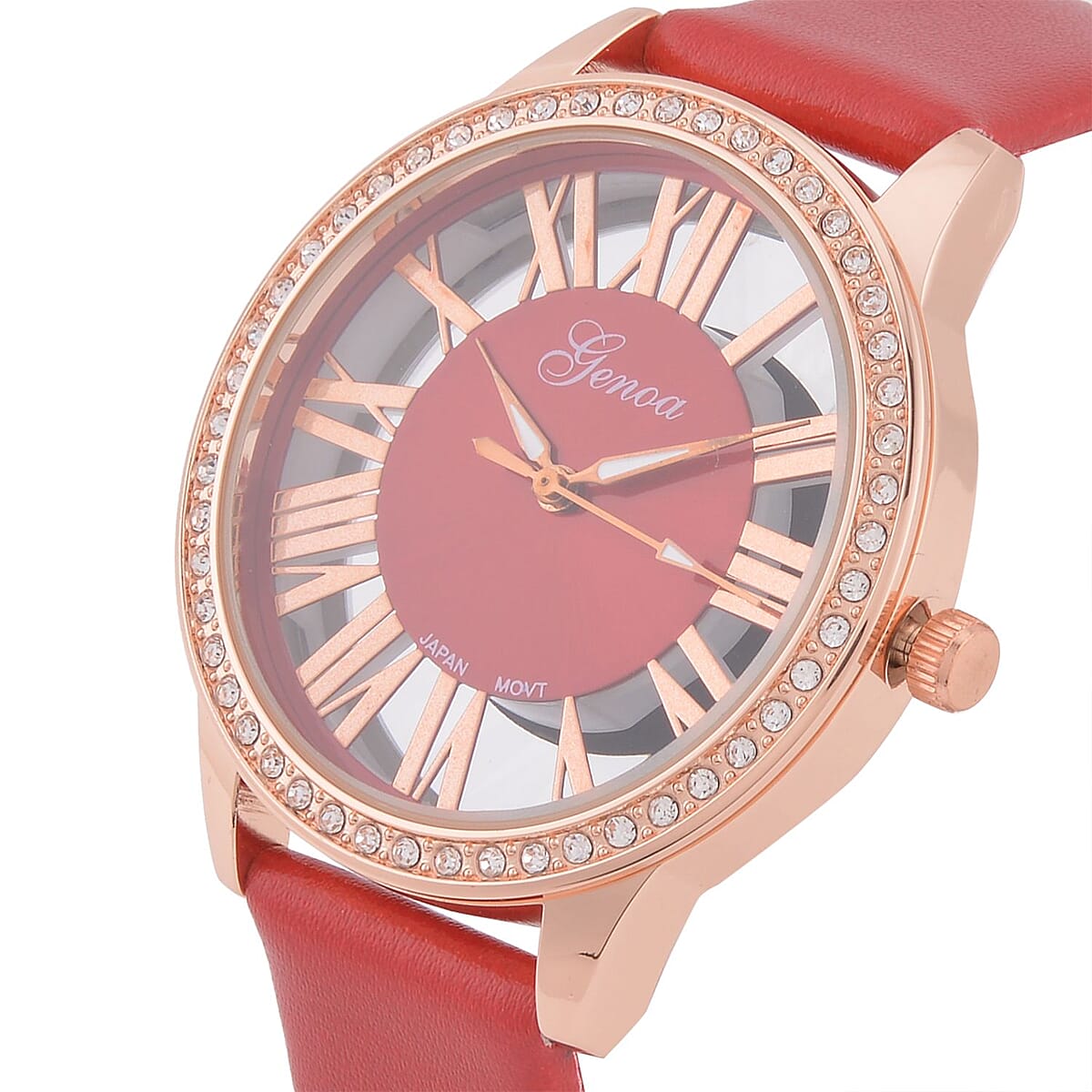 Genoa Austrian Crystal Miyota Japanese Movement Watch with Red Genuine Leather Strap (7.0-8.75Inches) (39.40mm) image number 3