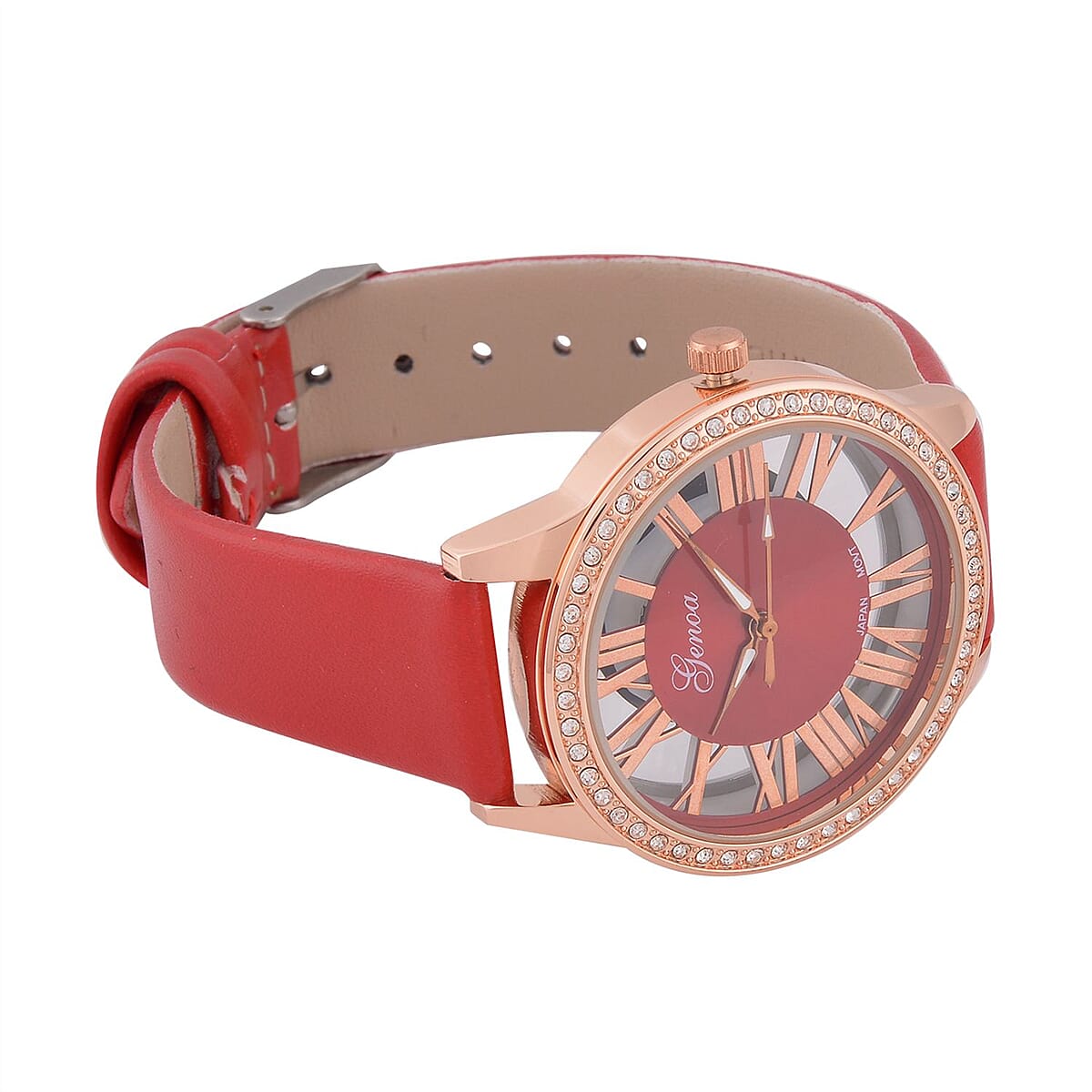 Genoa Austrian Crystal Miyota Japanese Movement Watch with Red Genuine Leather Strap (7.0-8.75Inches) (39.40mm) image number 4