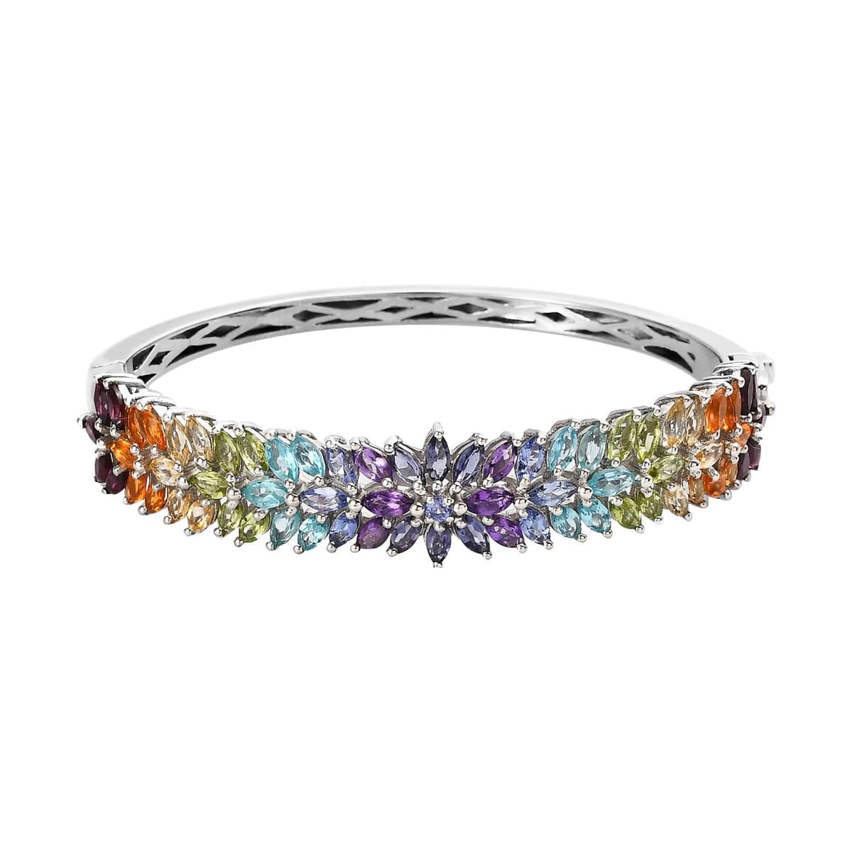 Multi Gemstone Floral Bangle Bracelet in Platinum Over Sterling Silver (6.50 In) 10.65 ctw image number 0