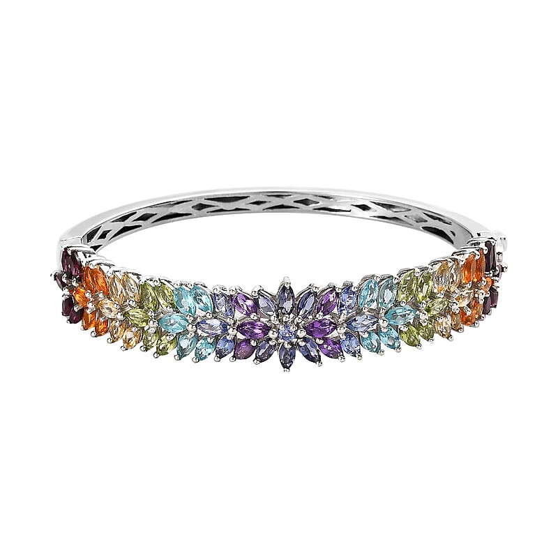Multi Gemstone Floral Bangle Bracelet in Platinum Over Sterling Silver (6.50 In) 10.65 ctw