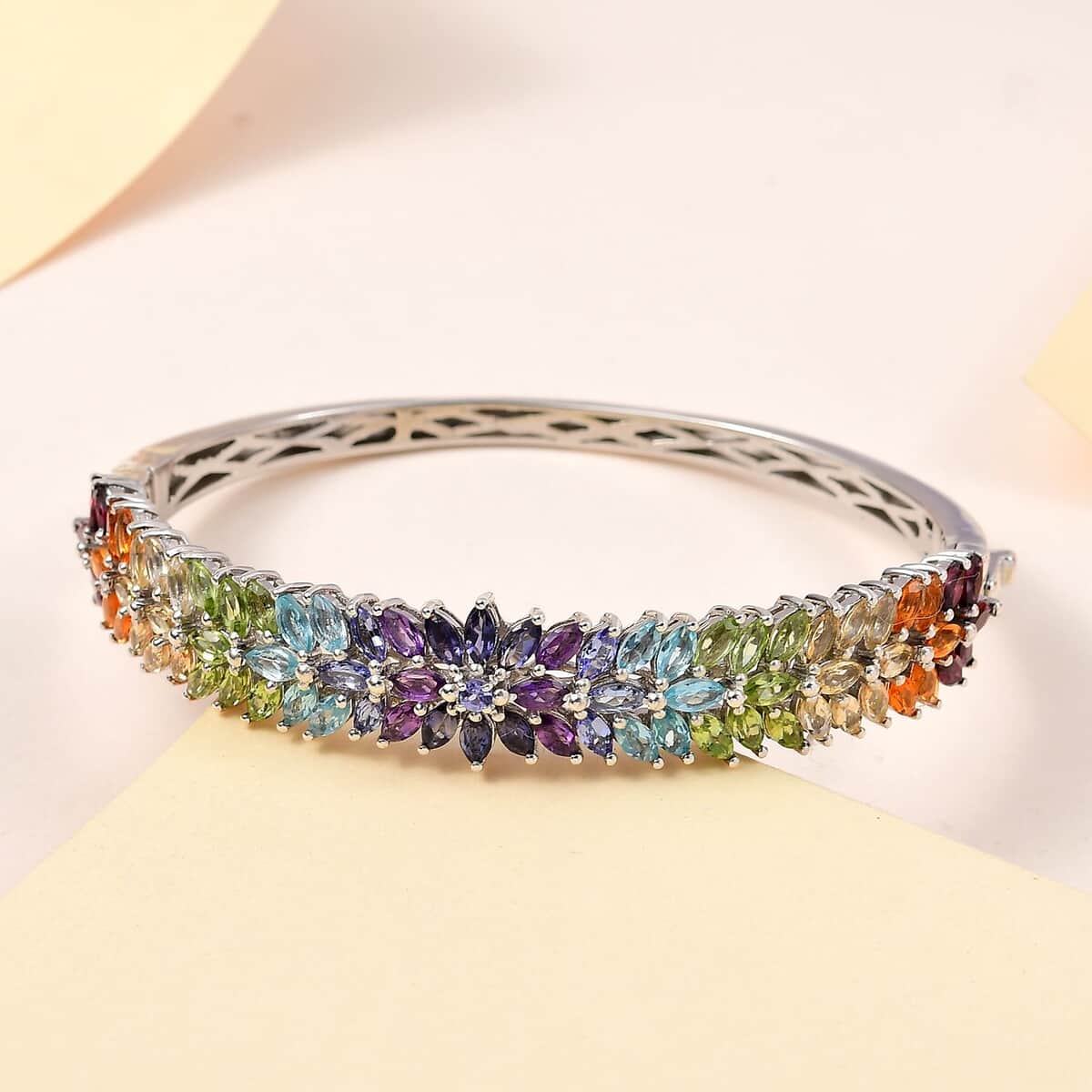 Multi Gemstone Floral Bangle Bracelet in Platinum Over Sterling Silver (6.50 In) 10.65 ctw image number 1