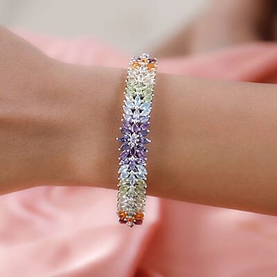 Multi Gemstone Floral Bangle Bracelet in Platinum Over Sterling Silver (6.50 In) 10.65 ctw