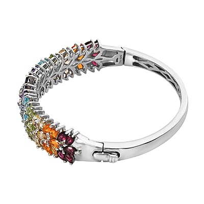 Multi Gemstone Floral Bangle Bracelet in Platinum Over Sterling Silver (6.50 In) 10.65 ctw