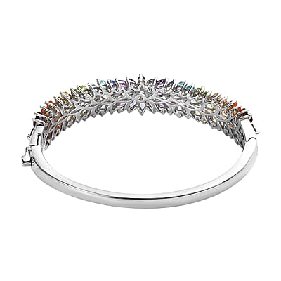Multi Gemstone Floral Bangle Bracelet in Platinum Over Sterling Silver (6.50 In) 10.65 ctw