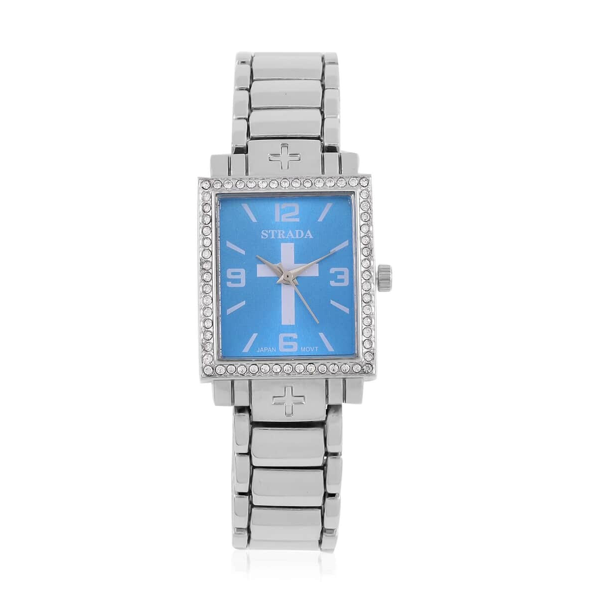 Strada White Austrian Crystal Japanese Movement Cross Pattern & Blue Dial Watch with Silvertone Strap (26.16-30.48 mm) (6.75-8.25 Inches) image number 0