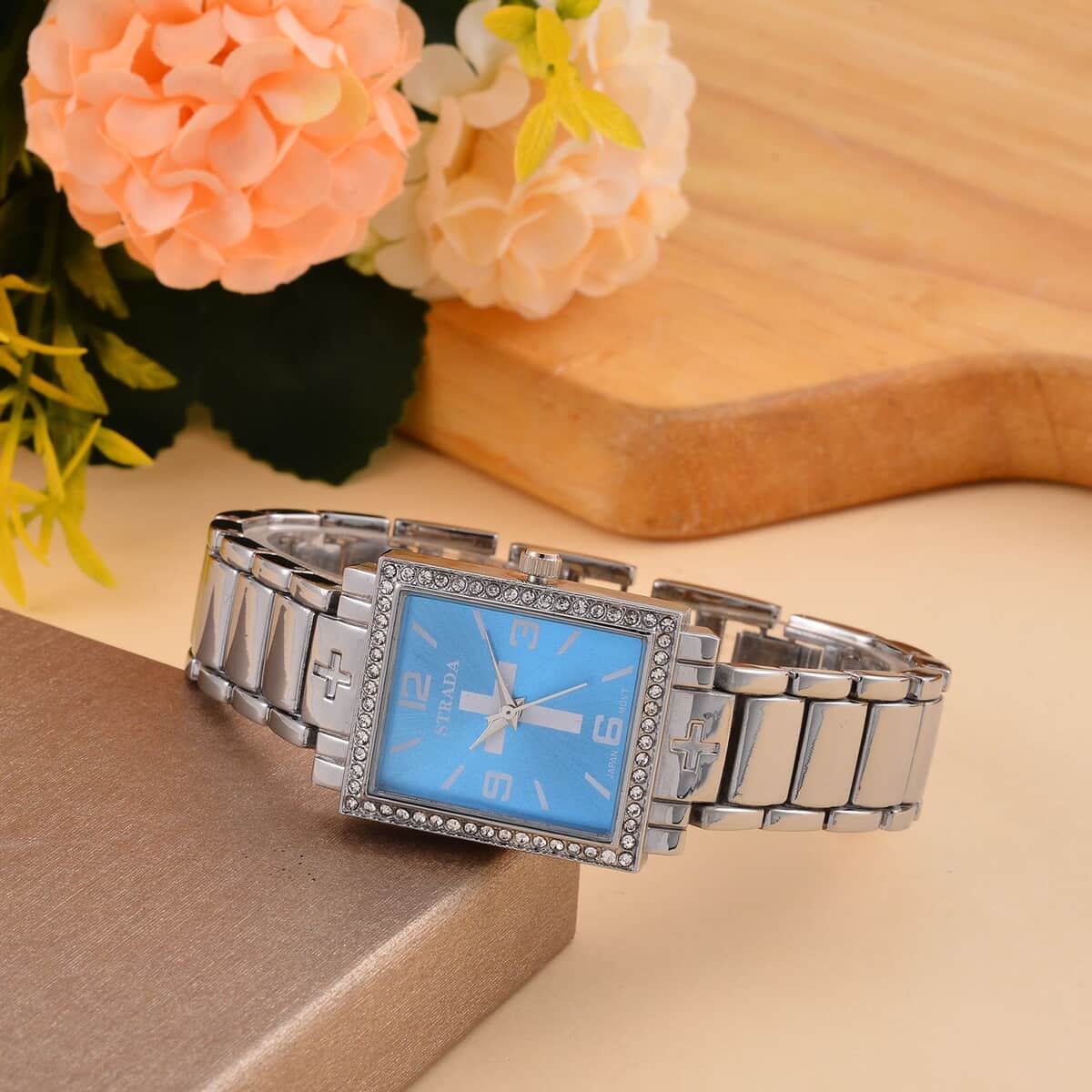 Strada White Austrian Crystal Japanese Movement Cross Pattern & Blue Dial Watch with Silvertone Strap (26.16-30.48 mm) (6.75-8.25 Inches) image number 1